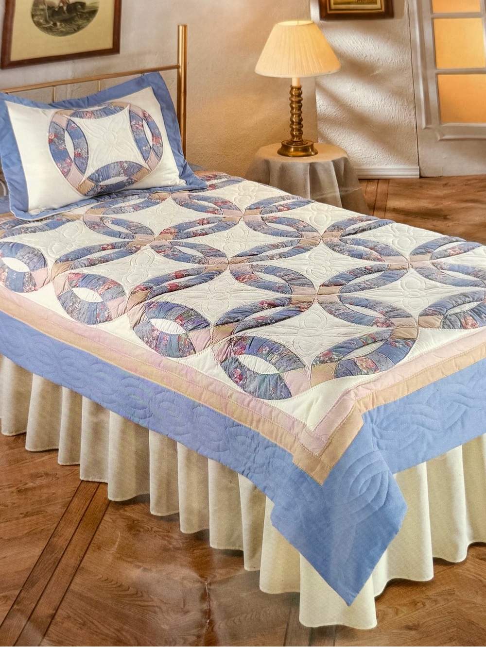 American Pacific Blue Cream Country Classics Wedding Ring Patchwork King Quilt